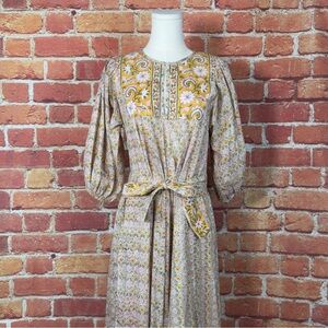 Marea by Liz Joy  Elegant Gold Floral Maxi Dress 3/4 Puff Sleeve Size 1 Bohemian